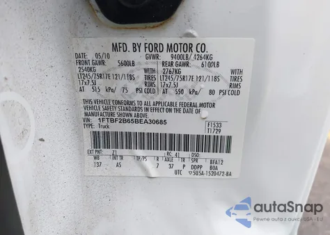 2011 Ford F-250 Xl из США, поврежденный, VIN 1FTBF2B65BEA30685